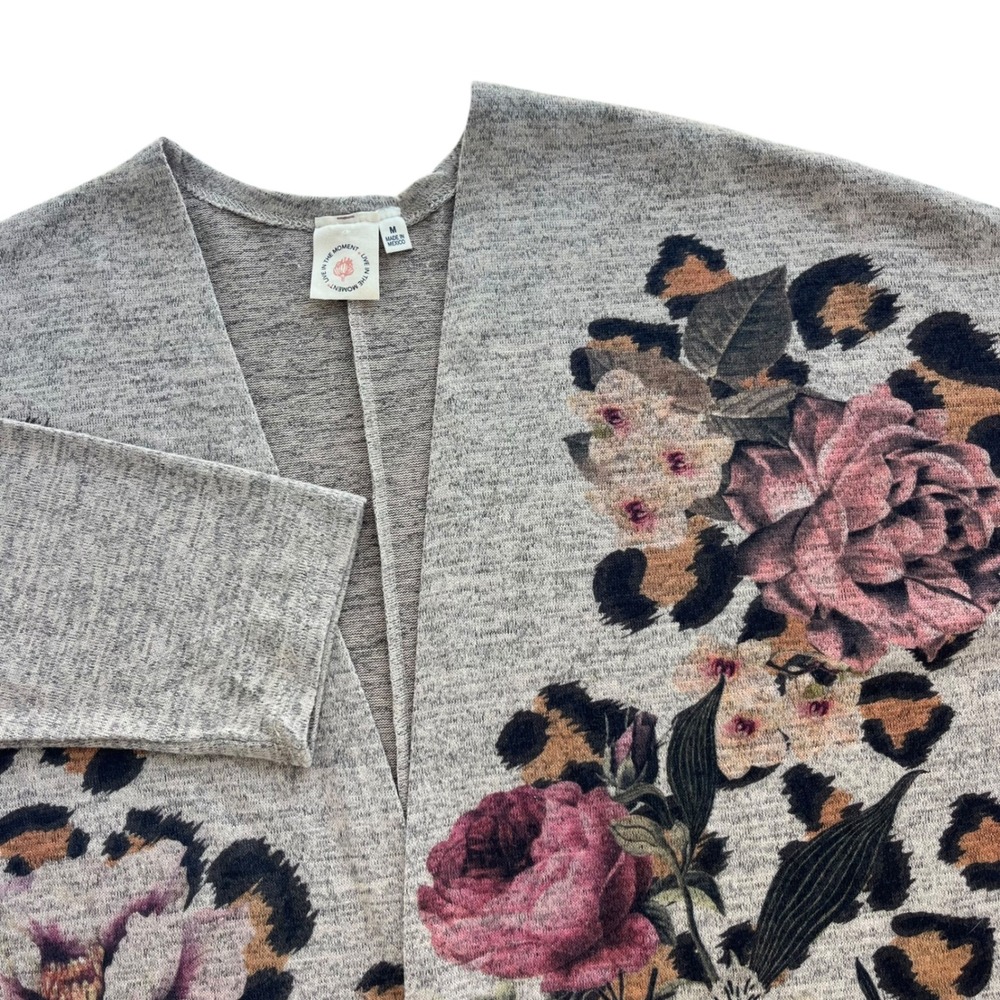 Live In The Moment Women M Tan Pink Floral Leopard Open Front Cardigan Boho Chic